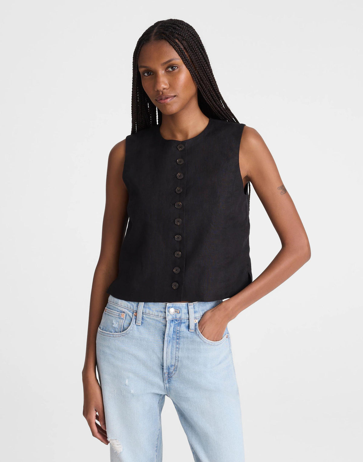 Button-Front Shell Top in 100% Linen Jet Black | Madewell Recommended
