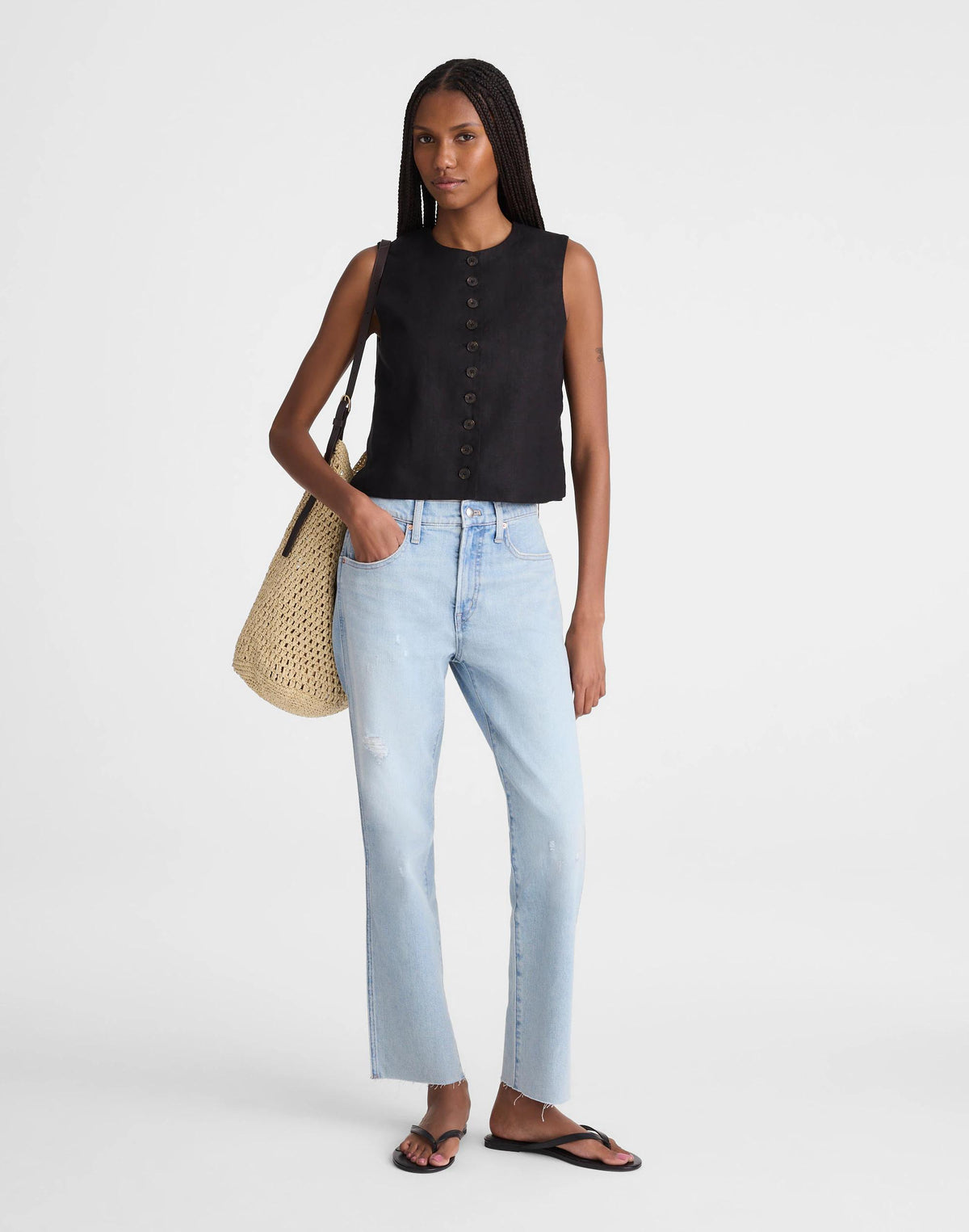 Button-Front Shell Top in 100% Linen Jet Black | Madewell Recommended