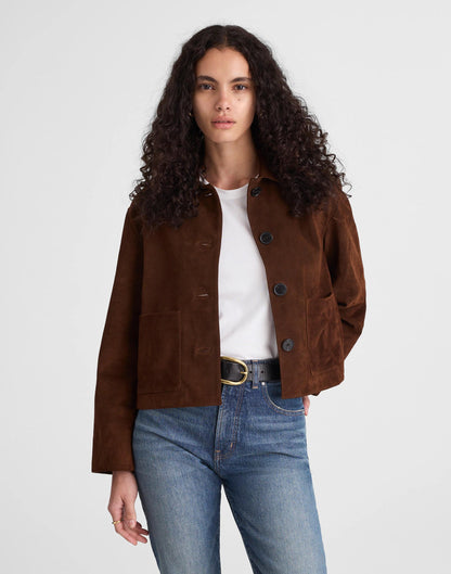 Boxy-Crop Jacket in Suede Dark Roast Suede | Madewell New