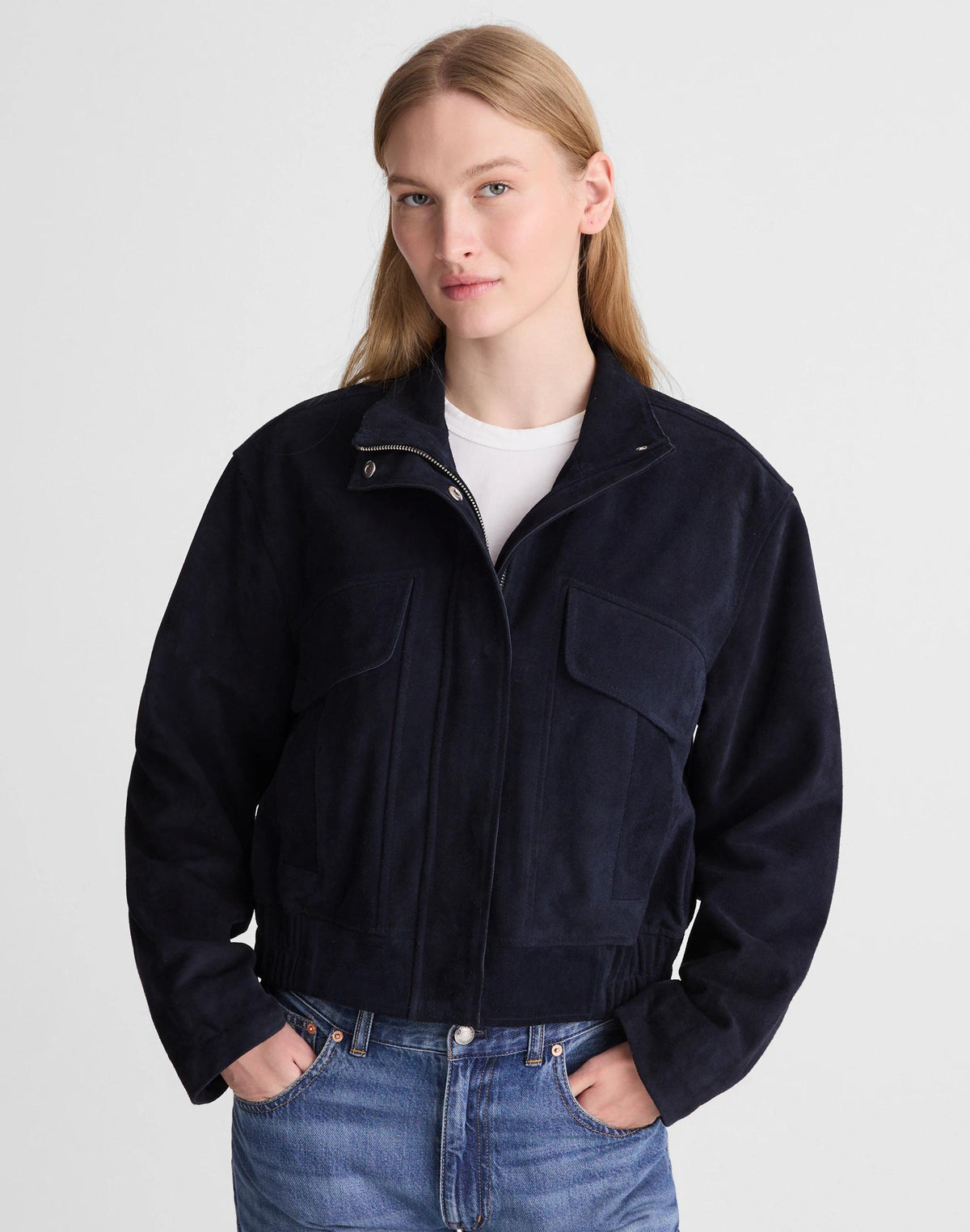 Funnel-Neck Utility Jacket in Suede Classic Navy | Madewell Customer Favorite