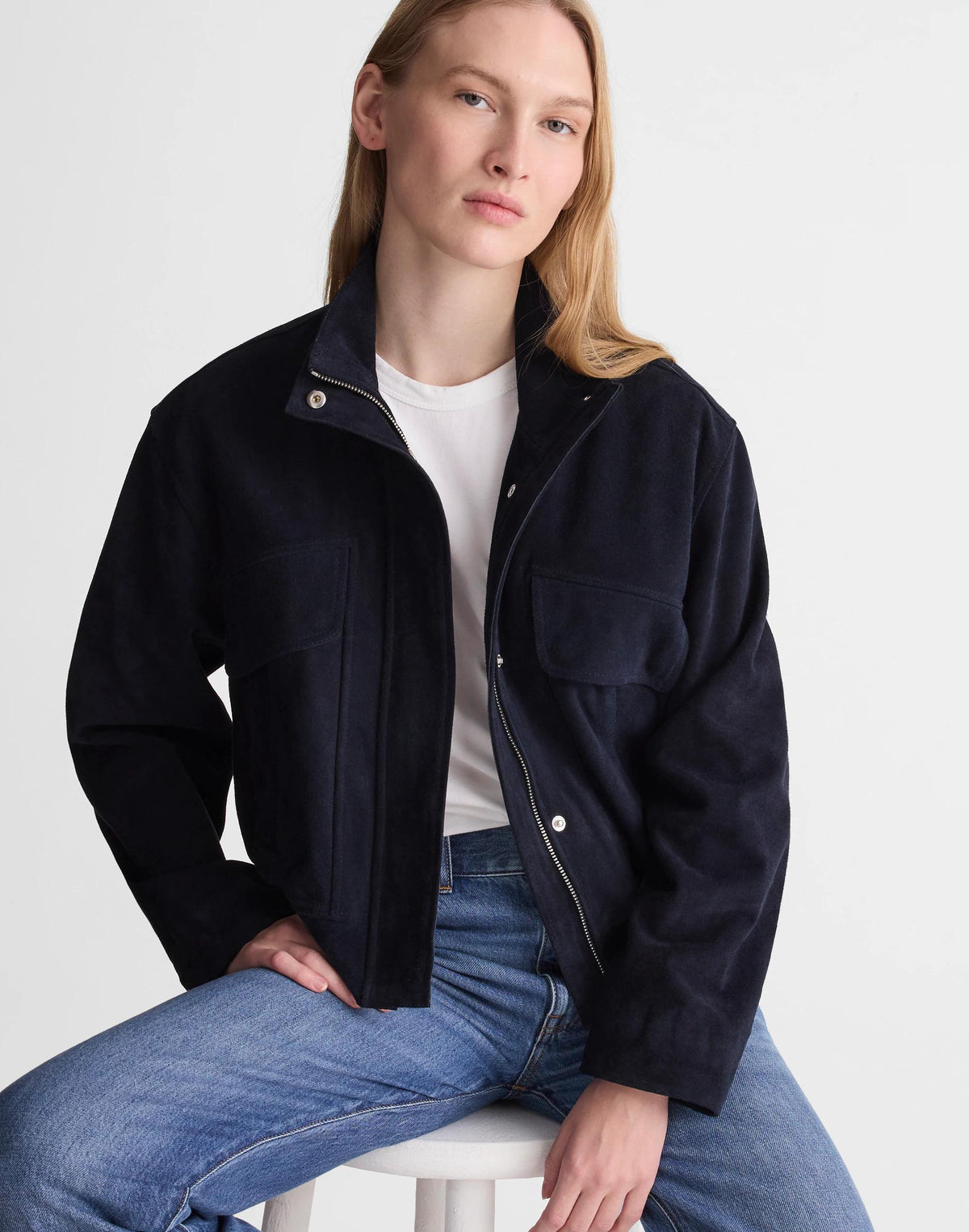 Funnel-Neck Utility Jacket in Suede Classic Navy | Madewell Customer Favorite